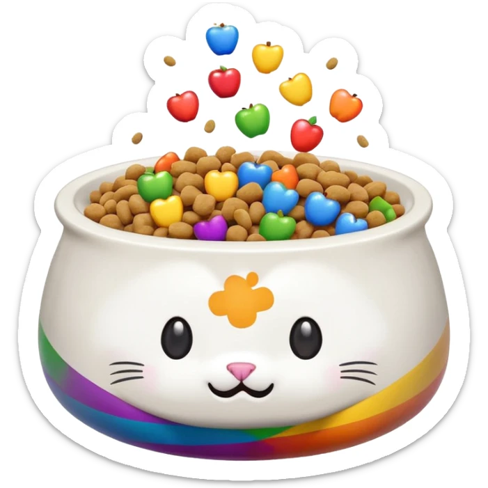 cute overflowing cat food bowl with food mound on top, white kibble mixed with rainbow pieces, apple emoji style sticker