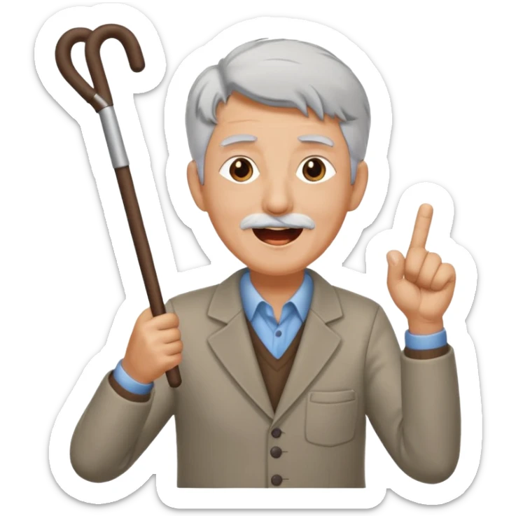 A grey-haired fan with cane in hand, cheering loudly with youthful spirit. sticker