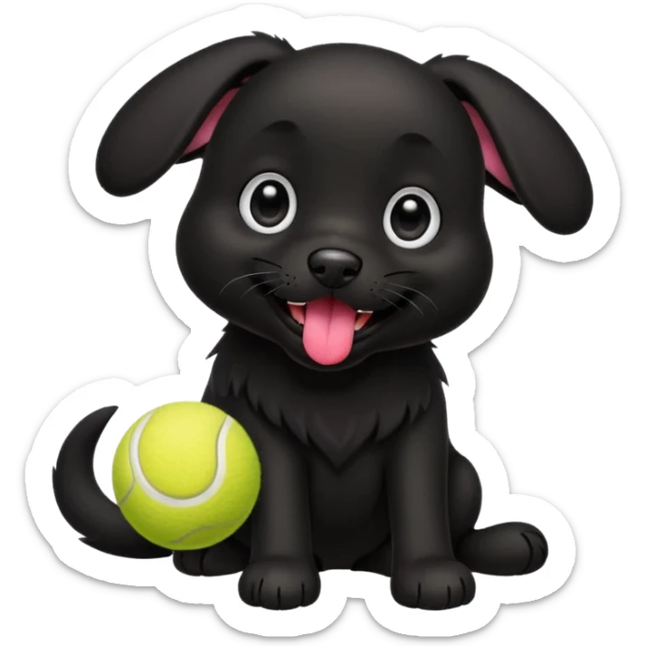Cute emoji-style illustration of a happy black dog playing with a tennis ball, shiny black fur, joyful expression with tongue out, big expressive eyes, playful pose, vibrant colors, smooth clean lines, high resolution, sticker-style, transparent background sticker