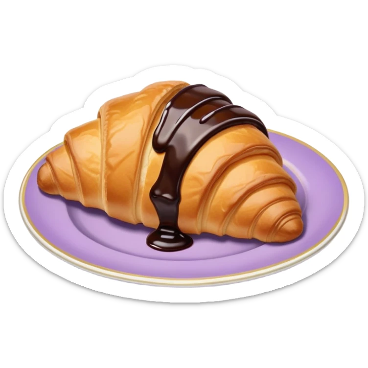 There's a croissant with chocolate syrup in a vintage pale purple plate. sticker