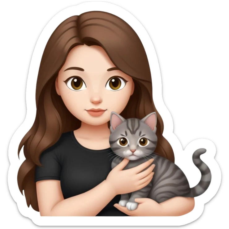 Hot curvy woman, long hair, with super cute kitten, she is white with brown hair, black top, the cat is a grey tabby sticker