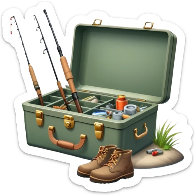 Icon for Fishing: a boat on the shore of a peaceful water body with a beautiful natural landscape, a fishing tackle box, a spinning rod, and boots nearby. The icon should capture the tranquility and gear of a fishing adventure. Without frame. Transparent background. sticker