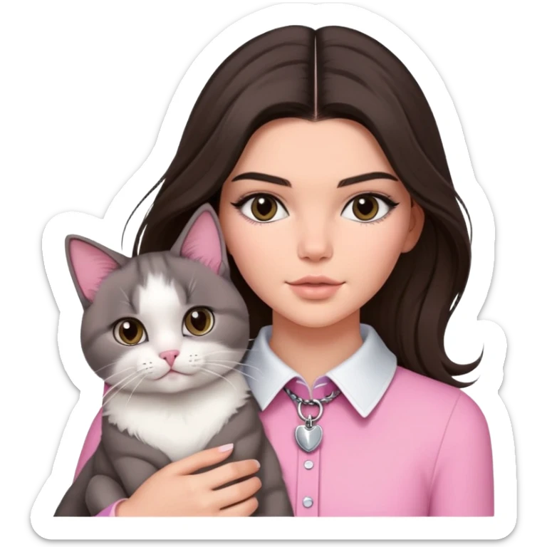 brunette Kendall Jenner with long hair holding on the hands a grey white cat  in pink collar sticker
