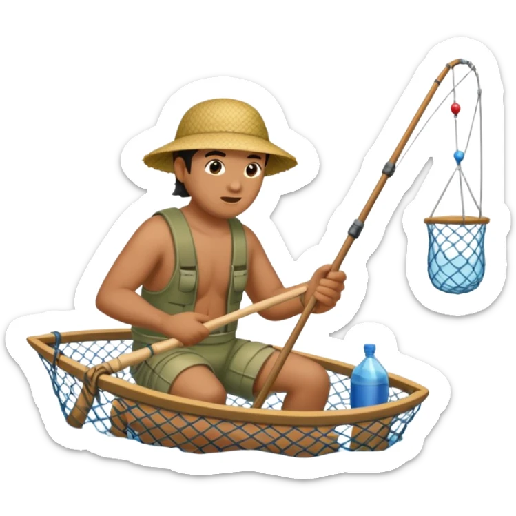 A Polynesian fisherman in the water fishing with a net at the water's edge sticker