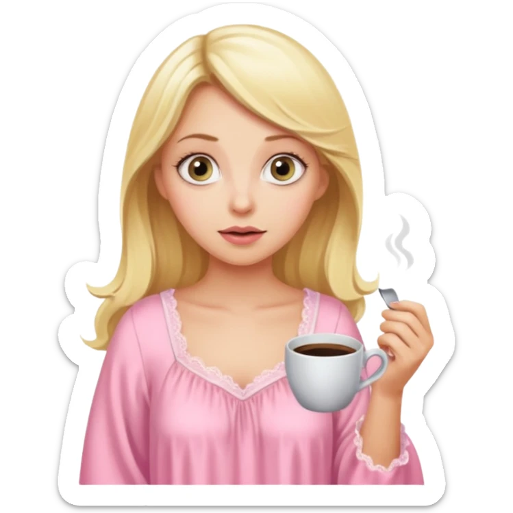 A blonde woman in a pink nightgown with wide eyes looks for coffee. sticker