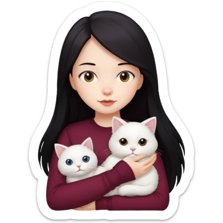 cute girl with straight long black hair, maroon shirt, carrying a cat sticker