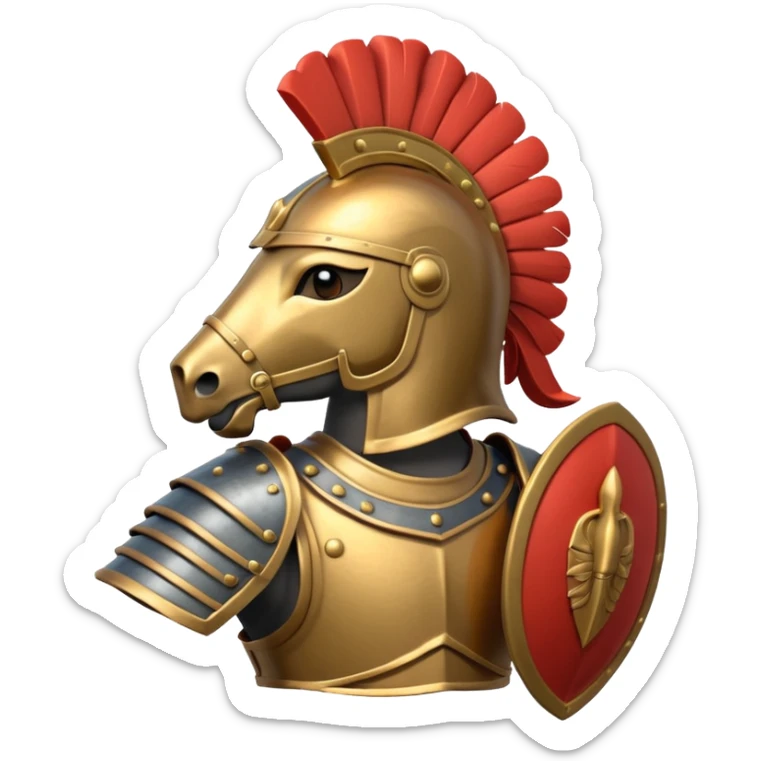 An emoji of a powerful Roman warhorse in full armor, with a feathered helmet. sticker