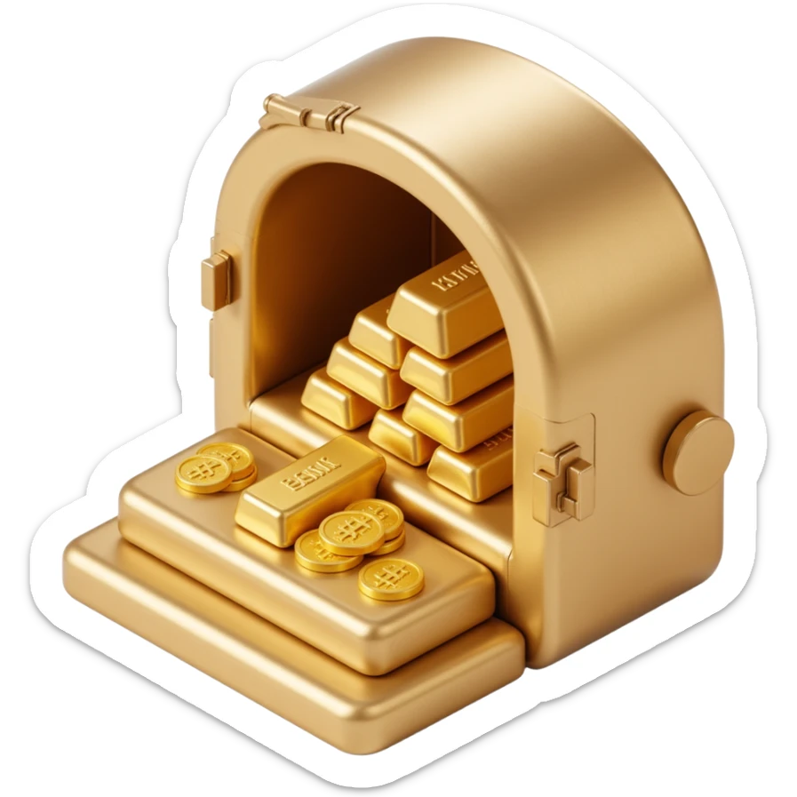 an open bank vault filled with gold bars, skeuomorphism style, realistic metal, shiny gold, 3D look sticker