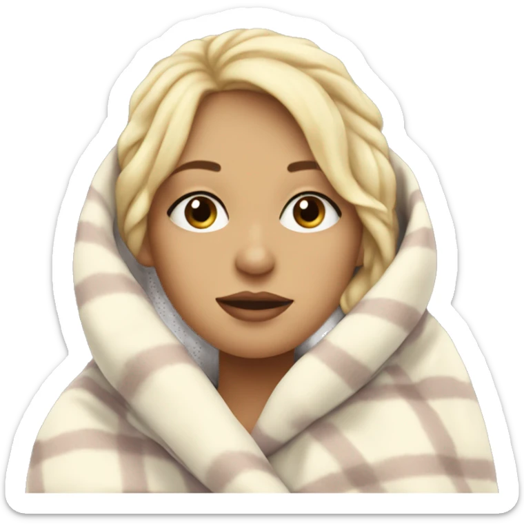 pretty blonde girl wrapped in big blanket drinking hot chocolate with marshmallows and her eyes closed sticker