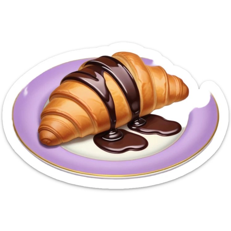 There's a croissant with chocolate syrup in a vintage pale purple plate. sticker