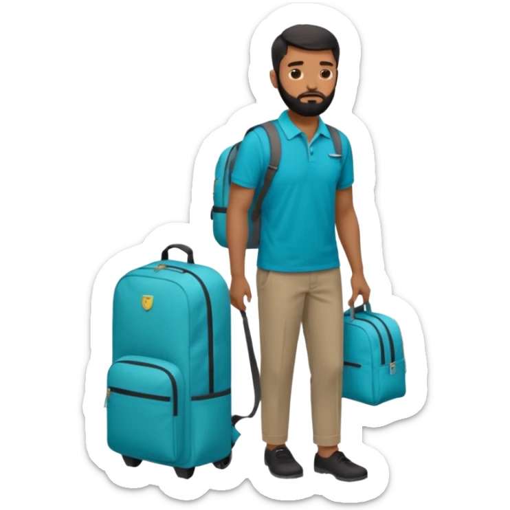 man with black short male hair and black hair and beard and hes in a office with his grey backpack on the floor and he has a tourquose polo shrit with gre dress pants and hes working at a hotel sticker