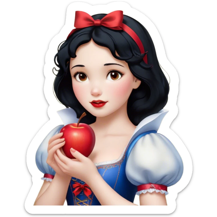 Cinematic Realistic Snow White Portrait, depicted with lifelike skin texture, soft natural lighting, and intricately detailed black hair styled with a red ribbon. Her soft brown eyes radiate innocence and kindness, complemented by a warm, gentle smile. She holds an apple in one hand, her other hand resting against her cheek, embodying her purity and charm. She is dressed in her classic yellow, blue, and red gown, the fabric rich in texture with delicate folds that catch the light beautifully. The portrait features a soft, natural glow with a radiant finish, capturing the essence of timeless beauty in a realistic and painterly style. sticker