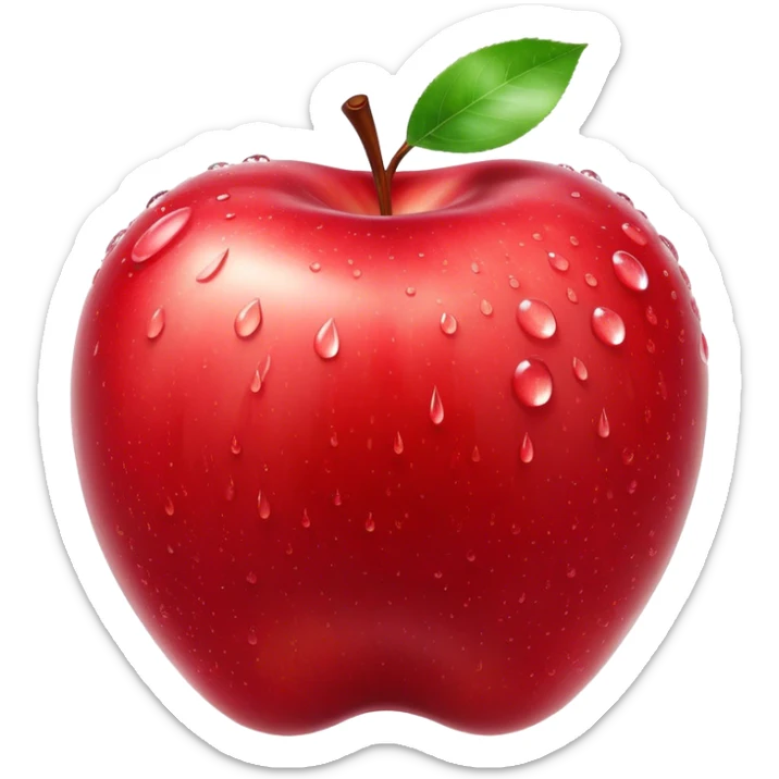 Cinematic crisp, shiny red apples, glistening under soft natural light, perfectly round with tiny water droplets, warm rich hues, highly detailed and fresh. sticker