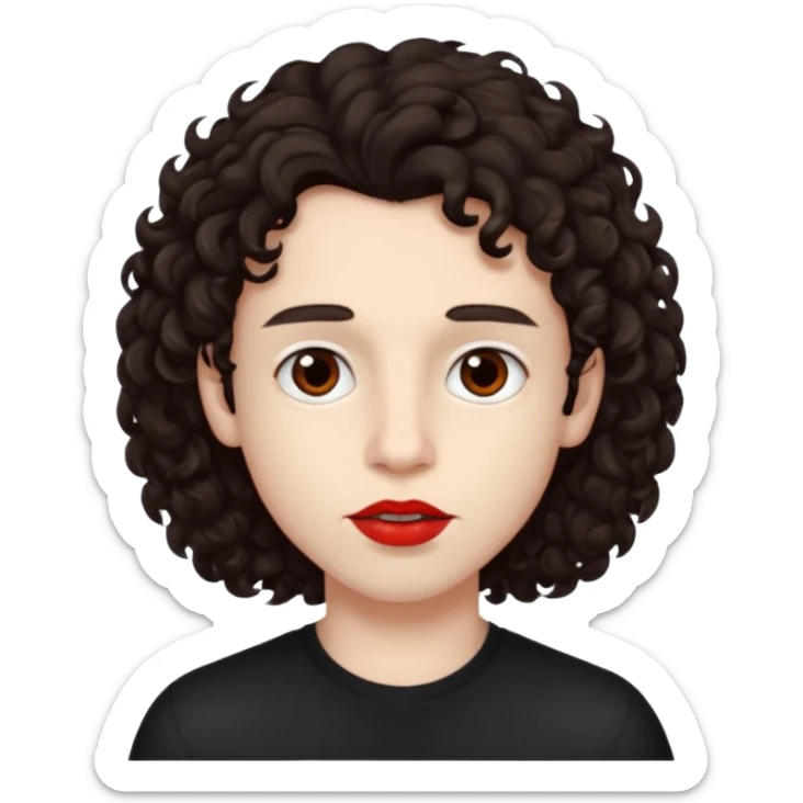 boy, really dark brown hair, curly hair, dark brown eyes, pale skin, red lips, long hair sticker