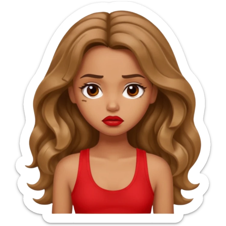 generate a pretty tan bratz girl with brown wavy hair long wearing a red tank top, red lipstick. Looking sad sticker