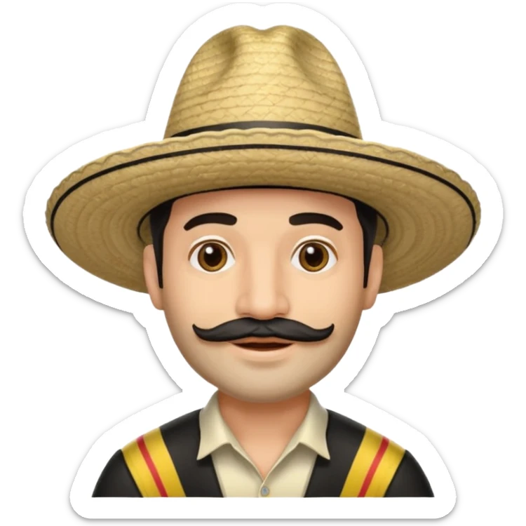 A happy fair skinned Colombian man with some facial hair wearing a black and beige stripped Colombian sombrero sticker