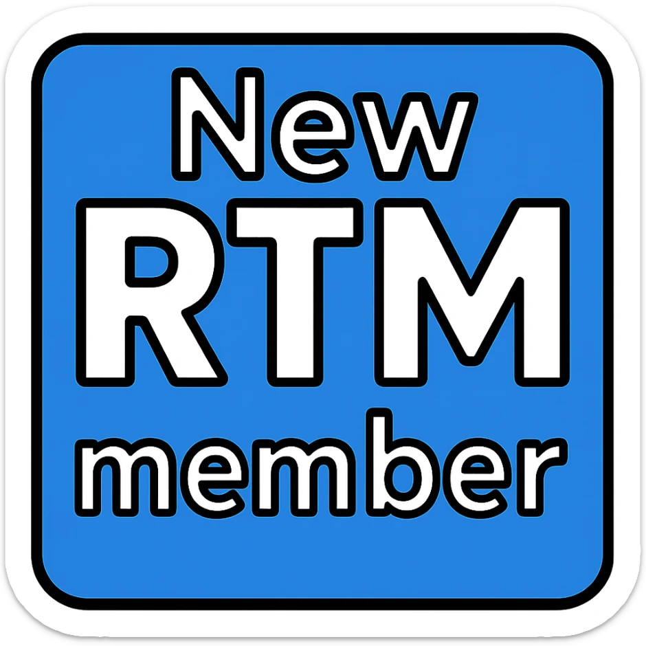 Adjust the blue square icon to make room for the word 'member' at the bottom inside the box, keeping 'New' at the top and a larger 'RTM' in the middle. All text in white, maintain the icon style with lineal color and black outlines. sticker