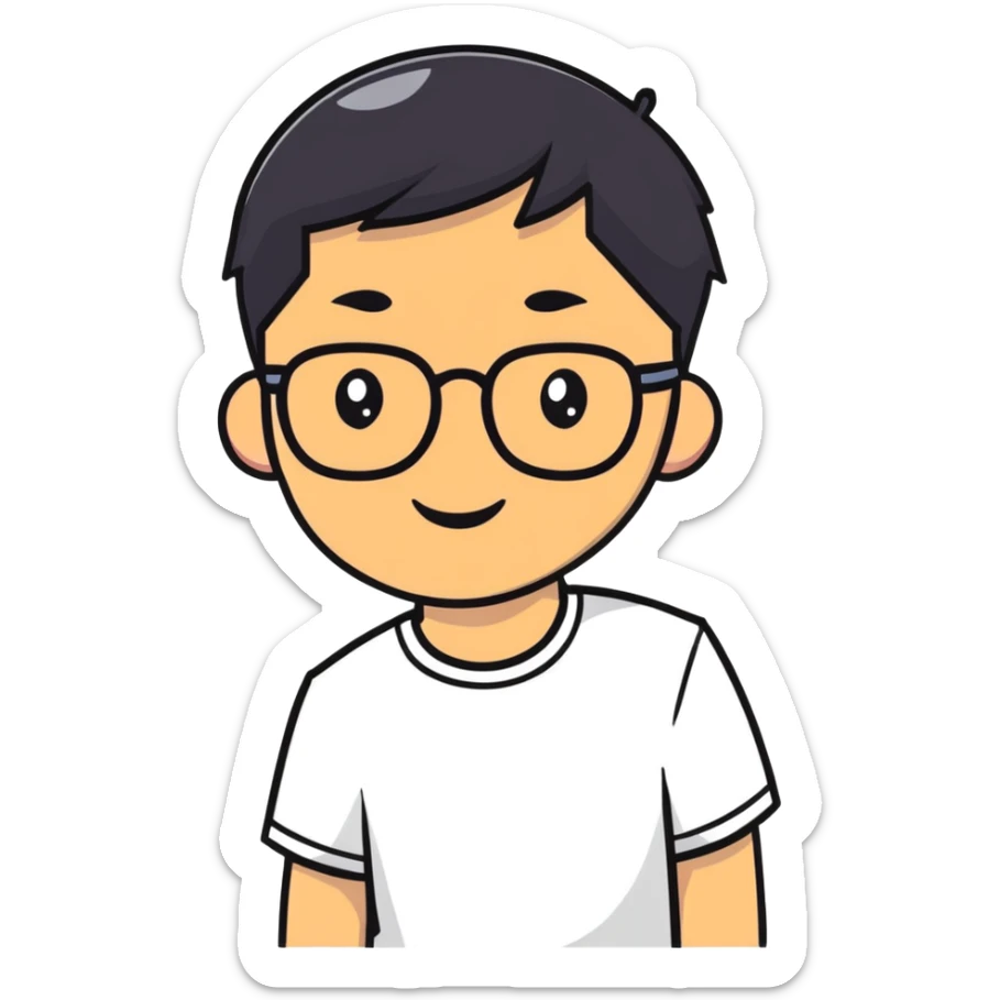 Asian man with short black hair, glasses, friendly smile, Josh Lim character sticker