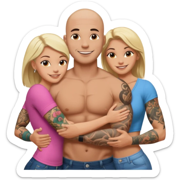 throuple tattooed sleeves bbald male with topless naked big boobed brunette and topless naked big boobed blonde girlfriends  loving  and sexy polygamy sticker