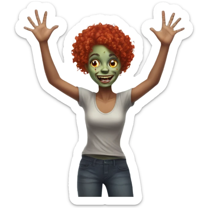Happy zombie girl red curly hair with both hands in the air sticker