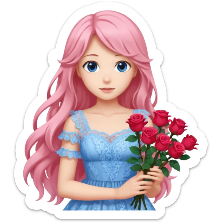 pastel anime woman with pink and white lace dress full body and long hair with roses and blue eyes sticker