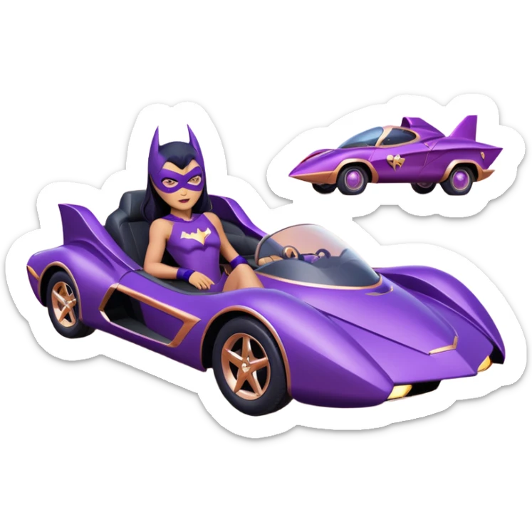 Hot full size real-appearance racing action BatGirl’s Lego feminine midnight-purple tight outfit sixty’s tv show 1992 stealth retro cat burglar sporty petite off-road pursuit hovering hover cruiser car rose gold accents (black hair,reclined and relaxed seating position and attitude) desert sticker