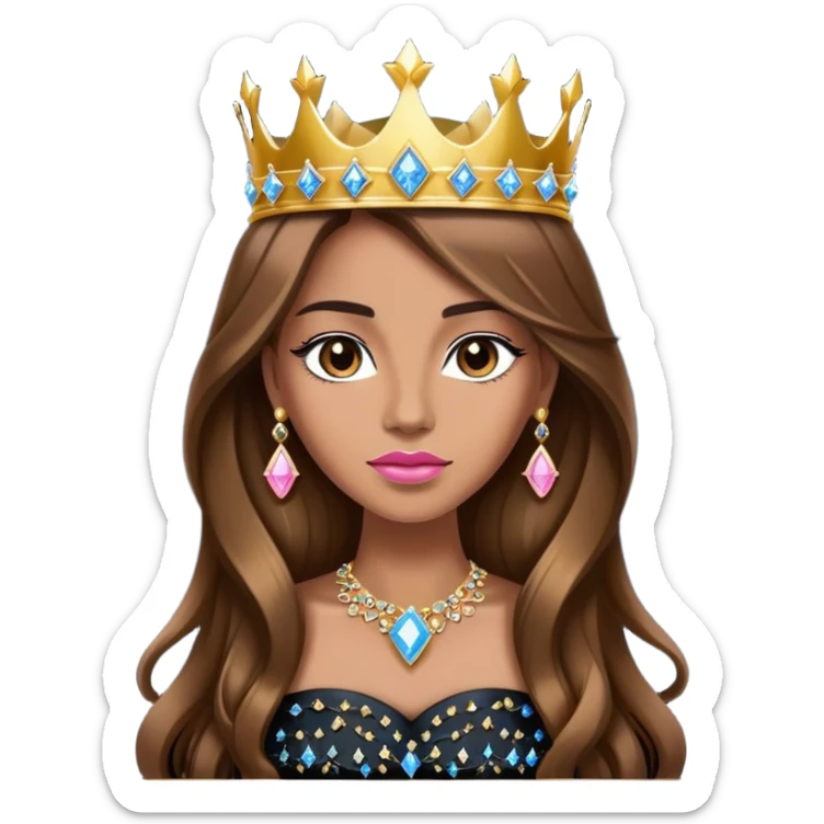 Queen, brown long hair, golden crown encrusted with pink and blue diamonds, black dress sticker