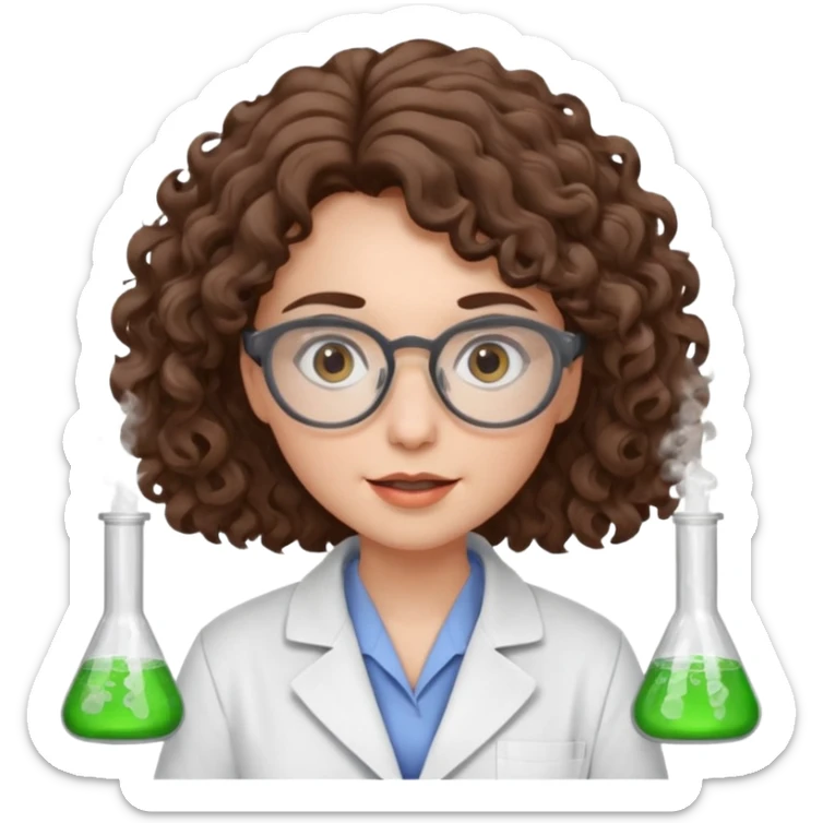 A crazy female scientist, with curly-wavy brown hair, brown eyes and grey glasses and oale skin  sticker