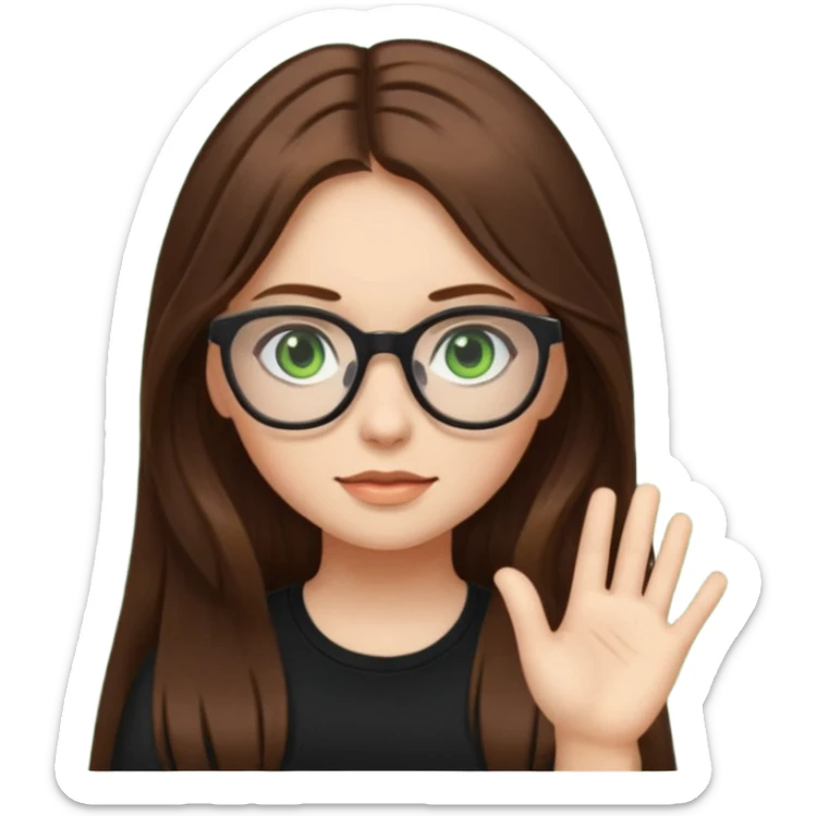 Girl with long brown hair, green eyes, glasses and a black top on sticker