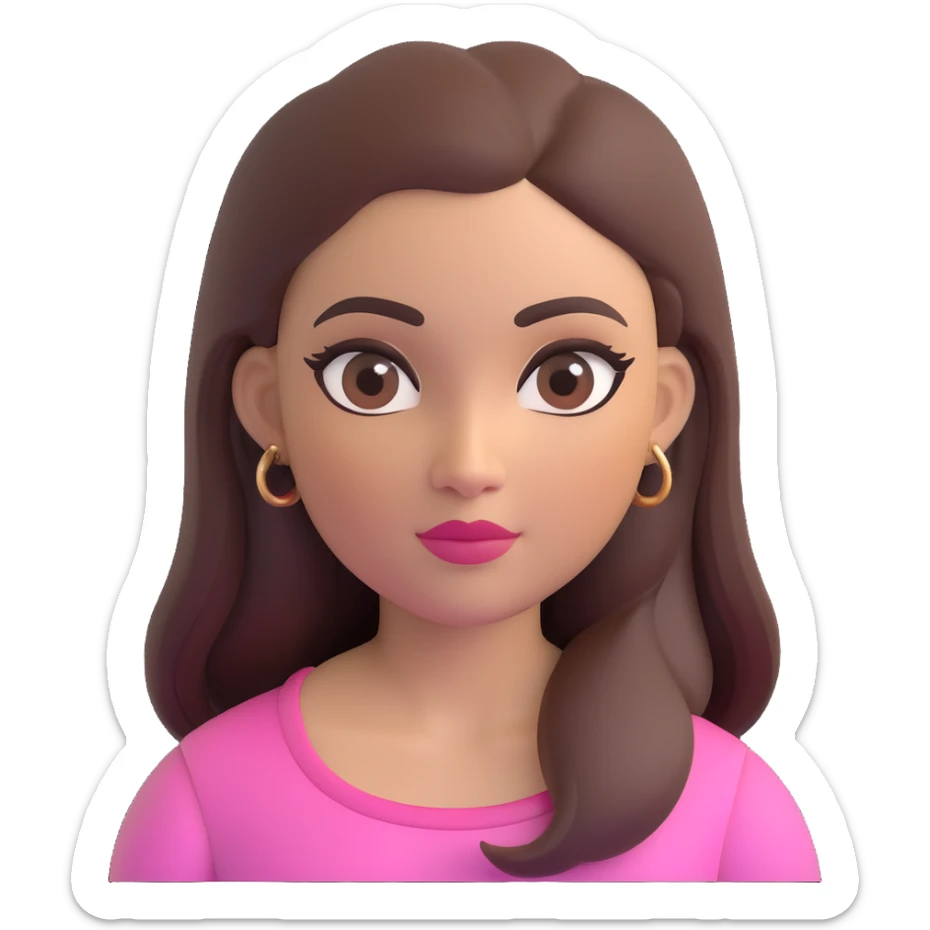 female memoji with oval face, warm light skin tone, rosy cheeks, elegant makeup with long eyelashes, defined eyeliner, soft pink lips, long straight dark brown voluminous hair, arched eyebrows, dark brown eyes, colorful top, small visible tattoo on arm sticker