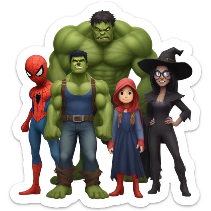 Spider-Man , the Hulk, the scarecrow and the witch together as a family sticker