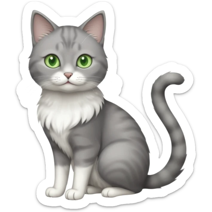 full body view of beautiful female grey cat with green eyes, white toes and white chest sticker