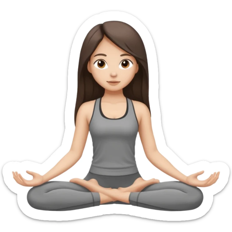 a brunette girl doing yoga, she is wearing a grey fit and she has dark brown long, straight and loose hair.  sticker