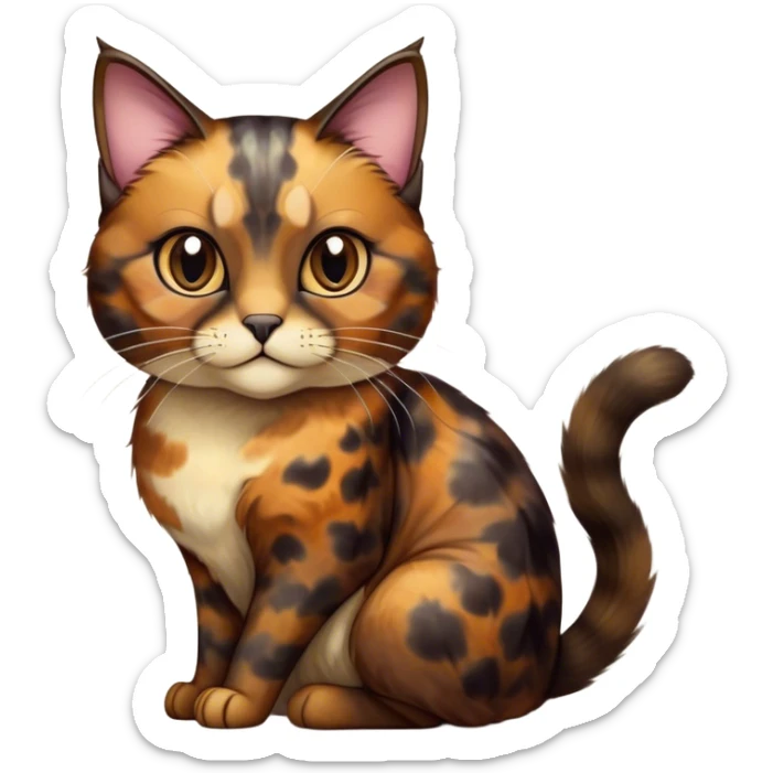 Cinematic Noble Tortoiseshell Cat Portrait Emoji, Poised and dignified, showcasing a luxurious, mottled fur of rich browns and blacks, with elegantly arched whiskers and a determined yet gentle expression, simplified yet meticulously detailed, glowing with a subtle, regal radiance, high shine, embodying quiet nobility and refined charm, soft glowing outline, capturing the essence of a sophisticated tortoiseshell cat exuding quiet authority! sticker