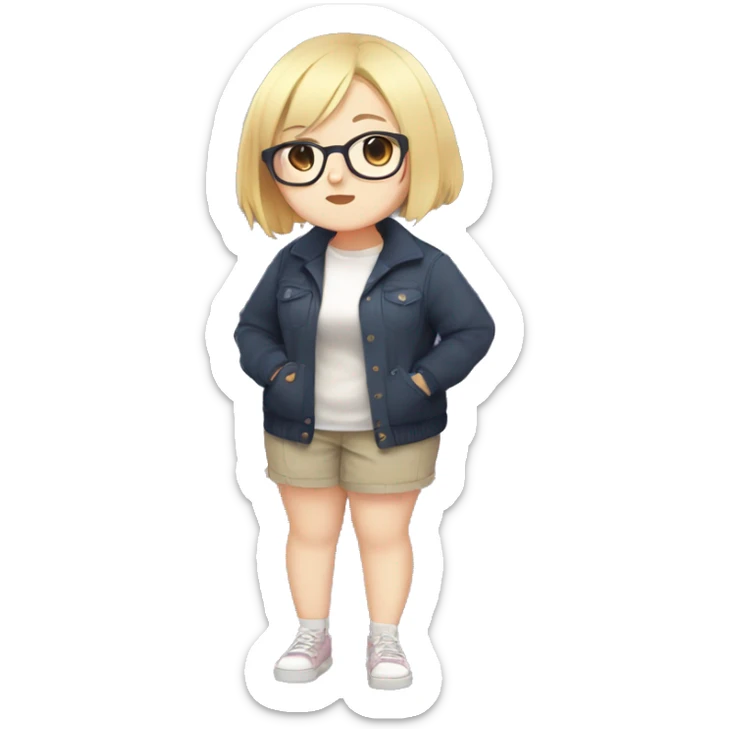 Chubby anime girl with glasses and short blonde hair, full body wearing cute clothes sticker