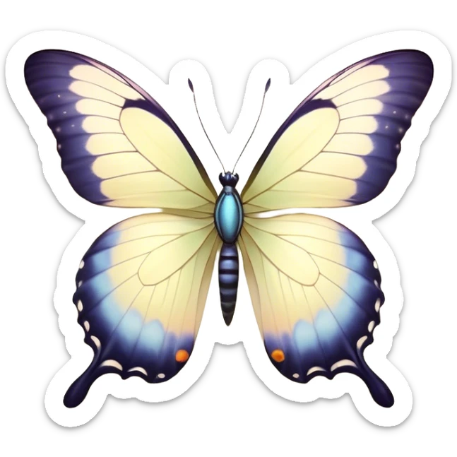 Beautiful and Majestic Butterfly Portrait Emoji, Head and body rendered in serene repose with a gentle, content smile, showcasing a delicately patterned form with softly shimmering wings and eyes peacefully closed in tranquil repose, Simplified yet exquisitely endearing features, highly detailed, glowing with a soft, drowsy pastel light, high shine, relaxed and utterly noble, stylized with an air of timeless natural beauty, soft glowing outline, capturing the essence of a majestic butterfly that embodies the pure enchantment of nature! sticker