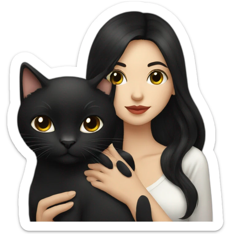 Russian woman with long black hair kissing black cat sticker