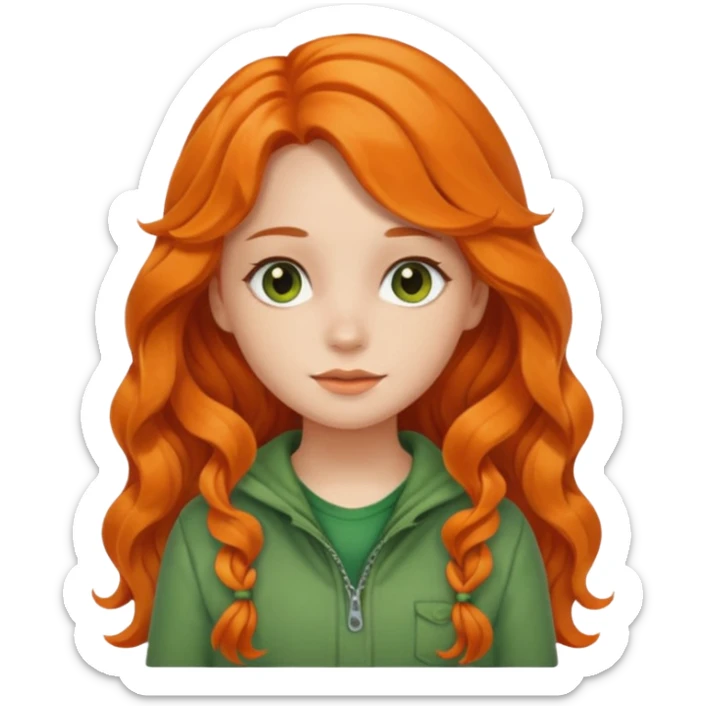 orange wavy long hair girl with wearing green cottage core clothes sticker