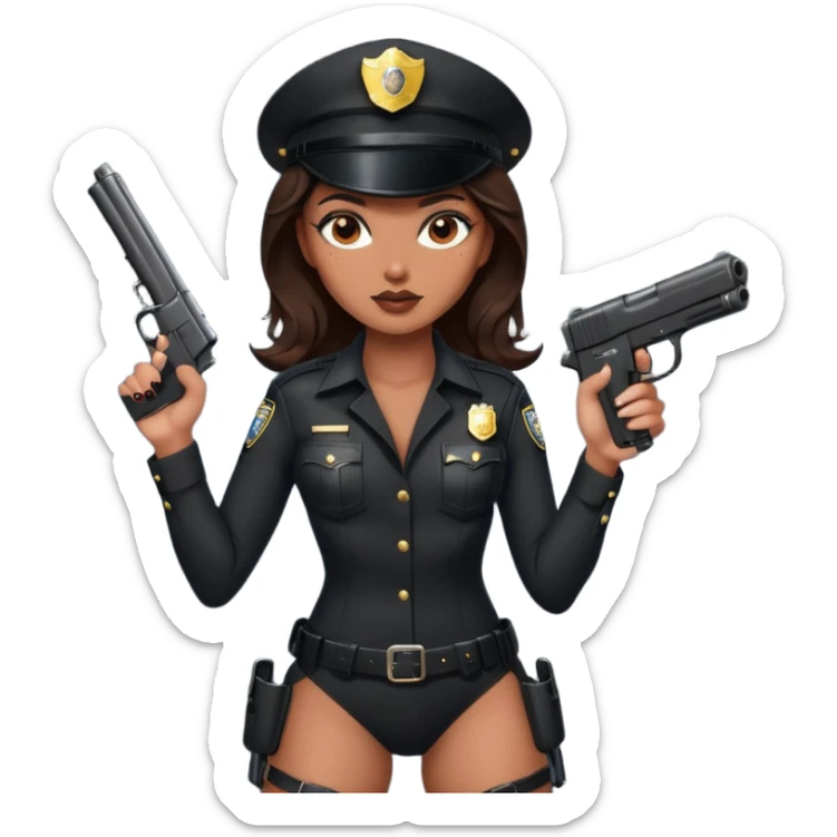A sexy girl. with caramel skin. Dark brown hair and brown eyes. She has freckles. Wearing sexy makeup. Dressed as a sexy cop. wearing lingerie and heels. Holding a gun sticker