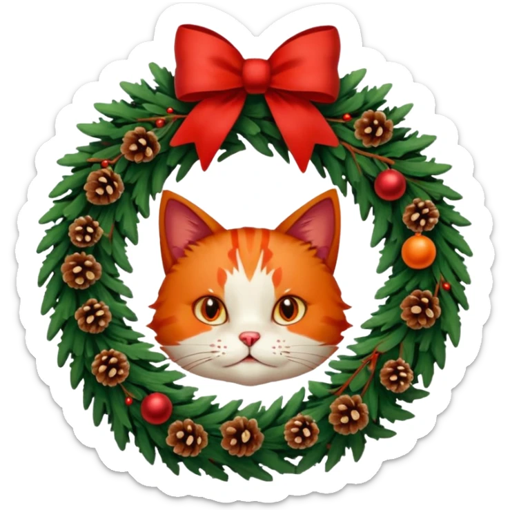 A Christmas wreath made entirely of fir trees, decorated with a red bow at the bottom, pine cones and Christmas tree balls, and a cat poking its face through the hole in the center. sticker