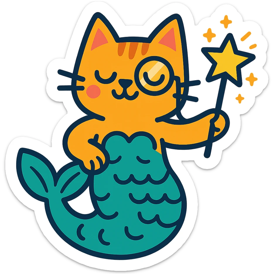 half cat half mermaid with a monocle and a magic wand in vibrant toon style sticker