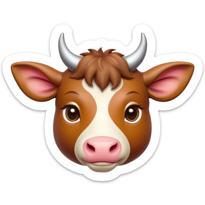 Cinematic Cute Domestic Ox Portrait Emoji, Head tilted playfully and inquisitively, with a robust, compact build and a polished hide adorned with subtle natural patterns, round, sparkling eyes full of gentle curiosity, Simplified yet irresistibly adorable features, highly detailed, glowing with a warm, friendly glow, high shine, affectionate and grounded, stylized with a touch of rustic charm, soft glowing outline, capturing the essence of a mischievous yet loving ox that feels like it could amble out of the screen into your arms! sticker