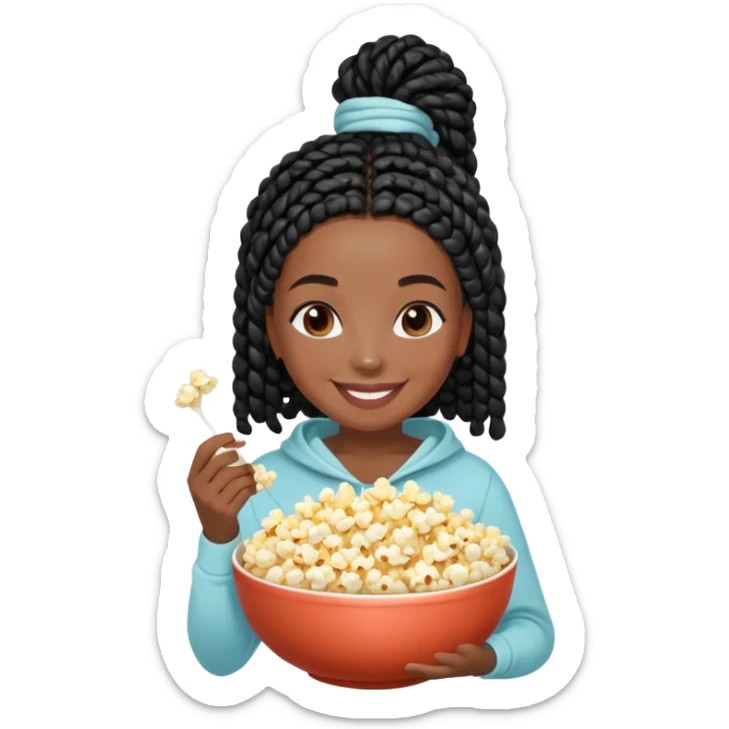 A dark-skinned Black woman with black box braids, holding a large bowl of popcorn in her lap, smiling or laughing, wearing comfy loungewear. sticker