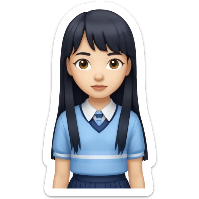 hair : black long hair with fringe 
skin : light 
cloth : light blue stripe shirt + navy long long school girl skirt



 sticker
