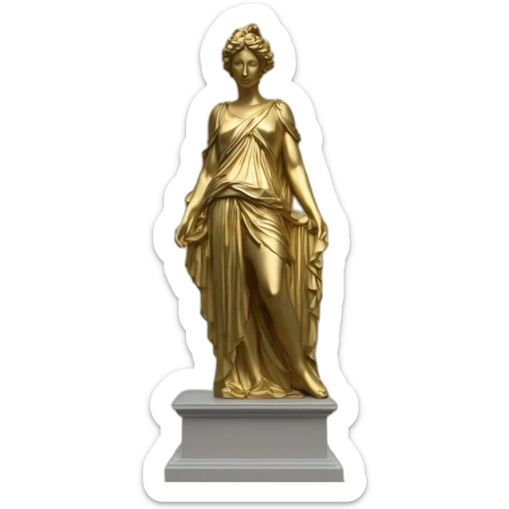 distant view of full length abstract renaissance color masked female figure statue on gold glittering greek style plinth, 4K resolution sticker