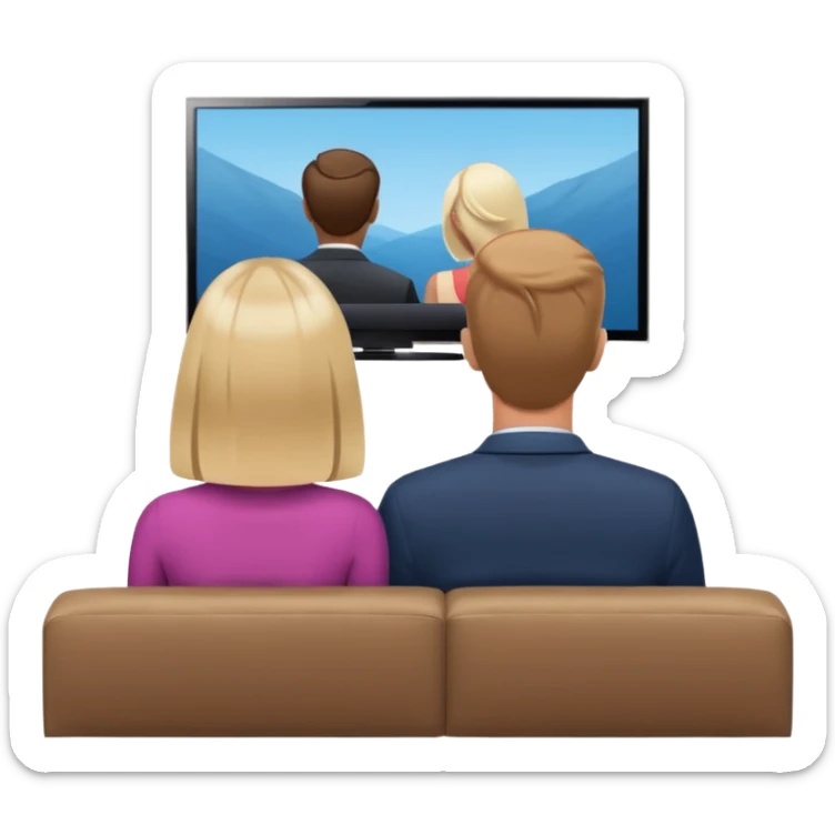 A man and a women photographed from behind, sitting on a sofa and watching the news on TV on a modern flat screen. The setting is a living room. sticker