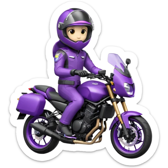 Créer un emoji avec une moto mt07 sport noir mate / violet iridescent très foncé. Avec une pilote dessus visière violet sombre faceless, bulle de la moto violet. Avec fond arrière violet, tenue complète casque inclus violet  sticker