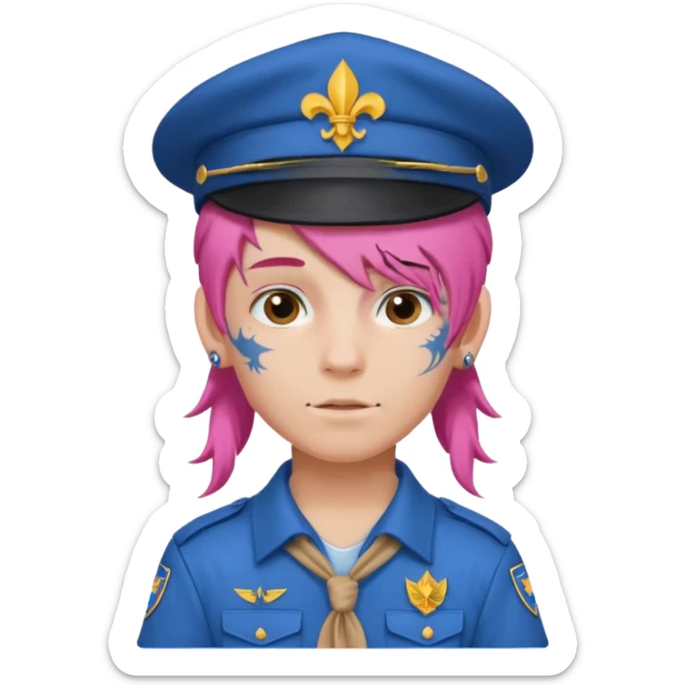 scout boy long hair face tatooes pink haired, wearing blue uniform with hat sticker
