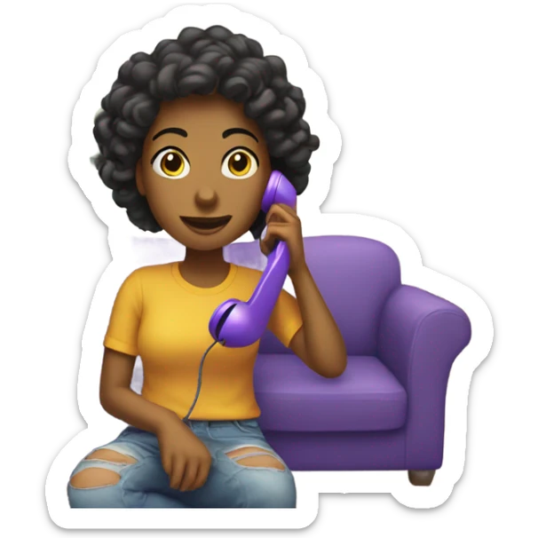 a girl using a purple phone in the living room of her house sticker