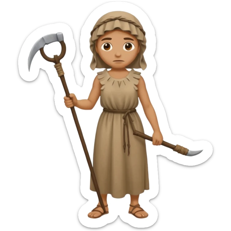 Emoji portrait of a Greek peasant. Rough chiton dress, holding a scythe, tired expression. sticker